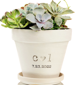 Couples Flowerpot Gift 4 inch White Granite Clay Flower Pot with Initials + Heart Engraved