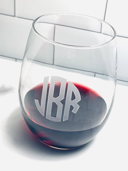 Stemless Wine Glass with Etched Monogram, 15 oz