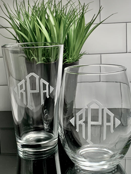 Mix + Match Monogrammed Pint & Stemless Wine Glass Set