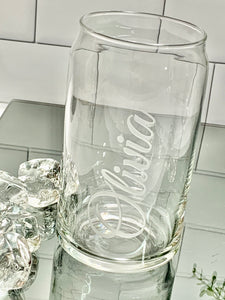 12 oz Soda Can Drinking Glass Etched with Name, Thirsty + Vine at $15