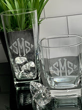 Load image into Gallery viewer, 8 Piece Set | 4 of Each Monogrammed Square Beverage &amp; Rock Glass | Mix + Match Set, Thirsty + Vine at $120