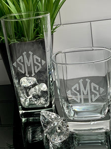 8 Piece Set | 4 of Each Monogrammed Square Beverage & Rock Glass | Mix + Match Set, Thirsty + Vine at $120