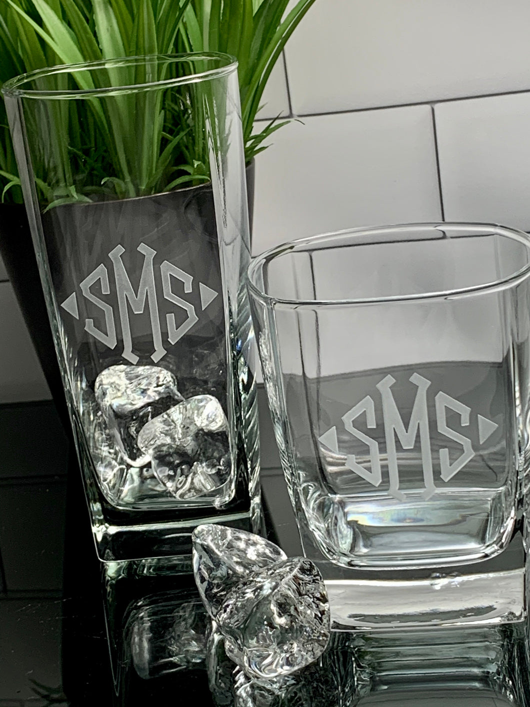 Mix + Match Monogrammed Square Beverage & Rock Glass Set