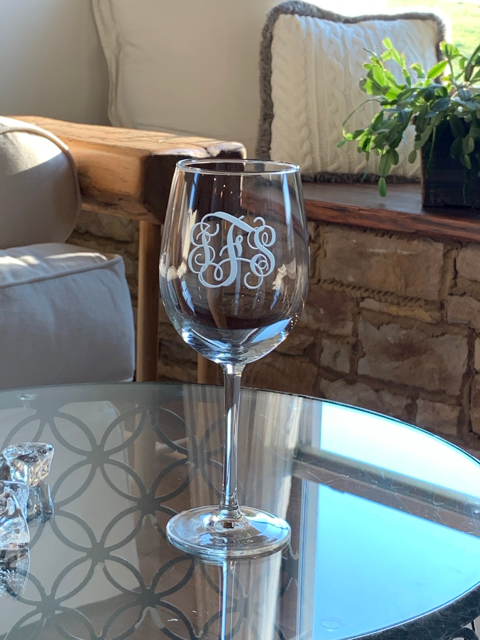 Monogram Sand Etched Small Stemless Wine Glass