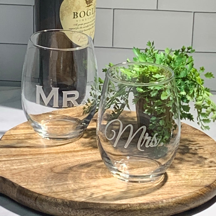 Mix and Match, Mr and Mrs 21 oz Stemless Wine Glasses | Set of 2
