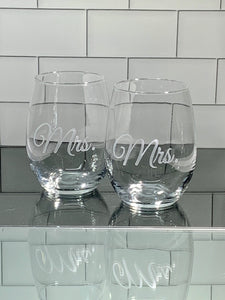 Mix and Match, Mrs and Mrs 21 oz Stemless Wine Glasses | Set of 2