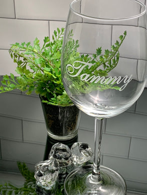 16 oz Personalized Etched Wine Glass, Thirsty + Vine at $20
