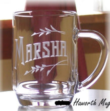 Load image into Gallery viewer, 20 oz Hand Cut Coffee Mug Personalized with Name and Leaves, Stone Wheel Engraved at $20