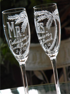 Hand Cut Mr. and Mrs. Beach Destination Wedding Champagne Flute | Set of 2